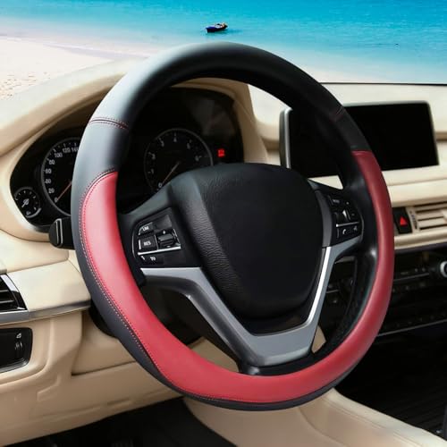 Wine Red Car Steering Wheel Cover, Nappa Leather, Bottom Color Blocking, Universal 14.5-15 Inch Leather Anti-Slip Breathable Auto Steering Wheel Covers for Men Women - color: Wine Red