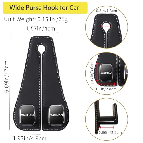 WEIHAO Wide Purse Hook for Car, Twin Hook Leather Car Headrest Hangers, Car Seat Back Storage Hook, Headrest Hooks Purse Bag Holder for Car Universal Fit Sedan Trucks SUVs Most Vehicles (Black-2PCS)