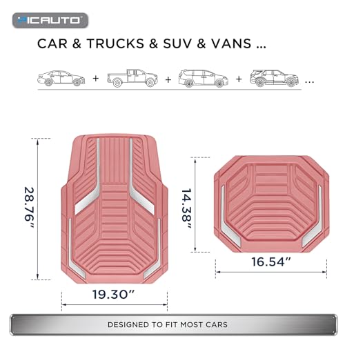 PIC AUTO Heavy Duty Pink Rubber Floor Mats, Silver Aluminum Film Car Mats Set, Front and Rear Car Mats with Anti-Slip Backing, All Weather Protection, Trim-to-Fit for Automotive SUV, Sedan, Van
