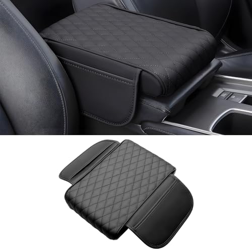 Car Center Console Armrest Pillow with 2 Storage Pockets, Memory Foam Car Armrest Cushion, Leather Car Center Console Cover for Most Vehicle (Black-Upgraded Thickened) - color: Black-Upgraded Thickened