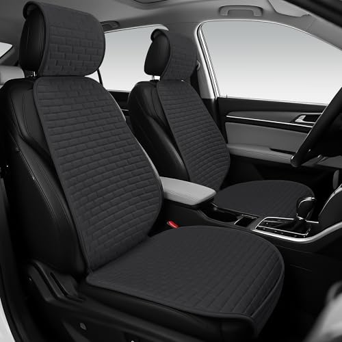 Linen Car Seat Covers Front Seat Covers - 2 PCS Durable & Non-Slip Breathable Cloth Fabric Car Seat Protector, Universal Fit for Most Automotive, Vans, SUVs, Trucks - Black