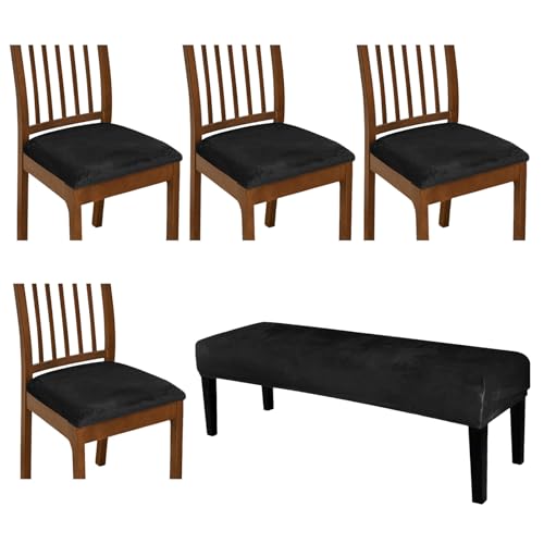 KRFOONN Velvet Chair Seat Covers for Dining Room Chairs Set of 4 with Bench Cover Washable Removable Kitchen Chair Seat Slipcovers Upholstered Bench Slipcover Seat Protector for Dining Room, A25 - color: Color A25