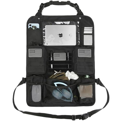 Tactical Car Seat Back Organizer Set Upgraded Tactical Molle Seatback Cover Protector Universal Fit Vehicles Truck MPV Pickup (Black with 2 Pouches)