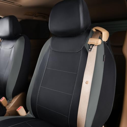 Flying Banner car seat Covers Quality Carbon Fiber Air Mesh Fabric Sport Low High Back Bucket Back Pocket Arm Rest (2 Fronts-Low Bucket-Built-in Seatbelt Compatible, Gray - Faux Leather) - color: Gray - Faux Leather -- Built-in Seatbelt Compatible, size: