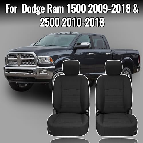 Front Heavy-Duty High-Density Composite Fabric Seat Covers for Dodge Ram 1500 (2009-2018) & 2500 (2010-2018), Waterproof & Foam Padded, Easy to Install & Clean - Black - size: Front
