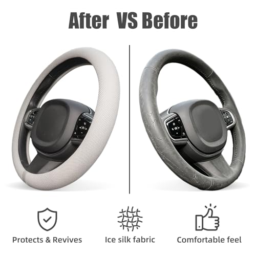 Universal 15 Inch Steering Wheel Cover for Cooling, Non-Slip Breathable Cooling Car Steering Wheel Cover with Upgraded Silicone Inner Ring for Round/D Shape, Warm in Winter Cool in Summer, White Gray - color: Silver Gray