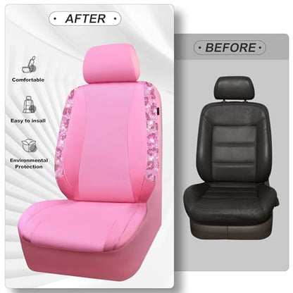 CAR PASS Leopard Diamond Car Seat Covers, Faux Leather Pink Bling Shining Rhinestones 2 Front, Universal Fit 95% Automotive Glitter Crystal Sparkle Strips for Cute Women Girl, Hot Pink - color: Leopard Print Pink, size: Two Front Seats