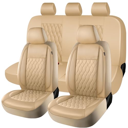Faux Leather Car Seat Covers Full Set,Luxury and Comfortable Covers for Cars,Split Bench Compatible Car Interior Covers,Universal Fit for Suvs,Vans,Trucks,Airbag Compatible(5-Seat Beige) - color: Beige, size: Full Set