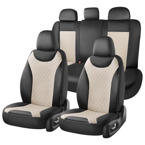 Coverado Front and Back Seat Covers, 5-Pack Universal Seat Covers for Cars, Leather & Fabric Splicing Design Car Seat Protectors, Waterproof Seat Cushions Universal for Most Vehicles, Black & Beige - color: Black&Beige