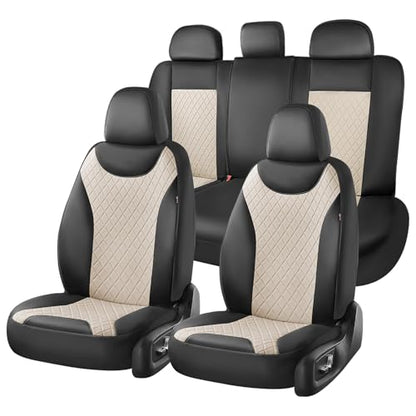 Coverado Front and Back Seat Covers, 5-Pack Universal Seat Covers for Cars, Leather & Fabric Splicing Design Car Seat Protectors, Waterproof Seat Cushions Universal for Most Vehicles, Black & Beige - color: Black&Beige