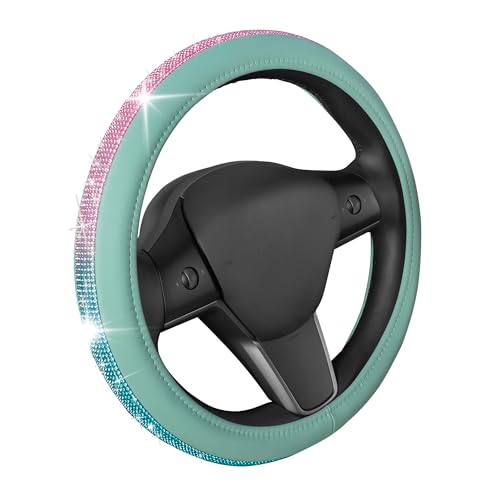 Carbella Mint Green Diamond Bling Steering Wheel Cover, Standard 15 Inch Size Fits Most Vehicles, Cute Faux Leather Car Steering Cover with Rhinestone Crystal, Car Accessories for Women - color: Bling Mint/Rainbow
