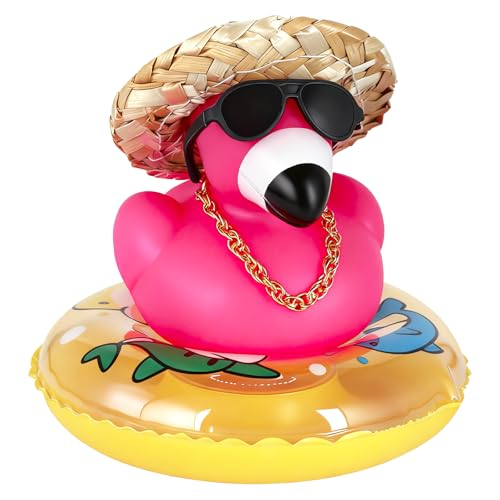 1pc Flamingo Rubber Duck with Straw Hat, Sunglasses, Gold Chain & Swim Ring - Pink Dashboard Duck for Car Decor & Home Office Decoration, Mini Cute Gift for Adults - color: Style16