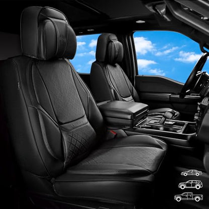 CAR PASS Nappa Leather Car Seat Covers 5 Seat, Luxury Lumbar Support, Waterproof Breathable Durable All Coverage Leatherette Seat Covers for SUVs,Pickups,Trucks,Vehicles (Full Set Solid Black) - color: Black