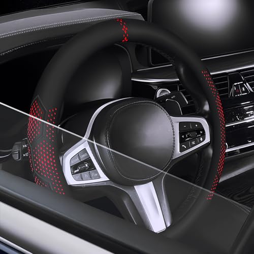 Car Leather Steering Wheel Cover - Panapi Material, Universal 14.5-15 Inch Leather Anti-Slip Breathable Auto Steering Wheel Covers for Men Women (Wave Point-Red) - color: Wave Point-Red