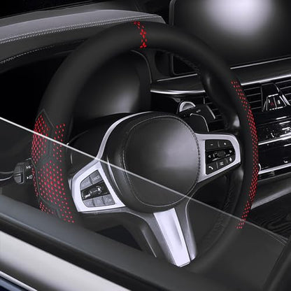 Car Leather Steering Wheel Cover - Panapi Material, Universal 14.5-15 Inch Leather Anti-Slip Breathable Auto Steering Wheel Covers for Men Women (Wave Point-Red) - color: Wave Point-Red