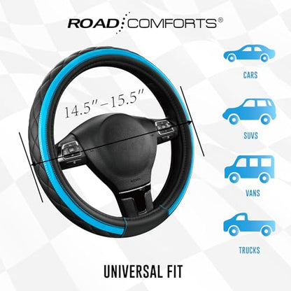 Road Comforts Leather Steering Wheel Cover – Black & Blue, Universal Fit 14.5-15 Inch, Microfiber Leather, Anti-Slip & Breathable Design for Men and Women - color: Lighet Blue