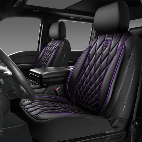 CAR PASS Piping Luxury Faux Leather Two Front Car Seat Covers, Waterproof Anti Slip Premium Automotive Seat Covers,Universal Fit for Suvs,Vans,Trucks, Armrest Airbag Compatible (Black and Purple) - color: Black and Purple, size: Two Front
