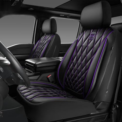 CAR PASS Piping Luxury Faux Leather Two Front Car Seat Covers, Waterproof Anti Slip Premium Automotive Seat Covers,Universal Fit for Suvs,Vans,Trucks, Armrest Airbag Compatible (Black and Purple) - color: Black and Purple, size: Two Front