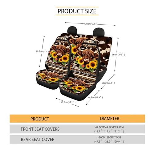 4 Pcs Aztec Highland Cow Car Seat Covers Full Set Highland Cow Sunflowers Auto Front Rear Seat Protector Aztec Tribal Car Accessories Set for Women Men Universal Vehicle Bucket Seats Covers - color: Aztec Highland Cow