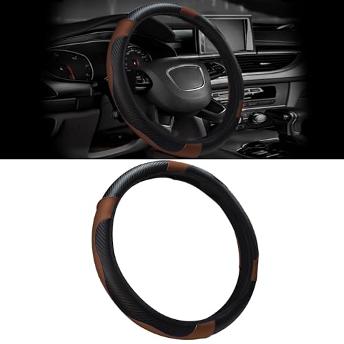 Car Steering Wheel Cover, 15 inch Carbon Fiber Microfiber PU Leather Elastic Steering Wheel Protector for Unisex, Anti-Slip Breathable Car Interior Accessories for Most Cars (Brown) - color: Brown