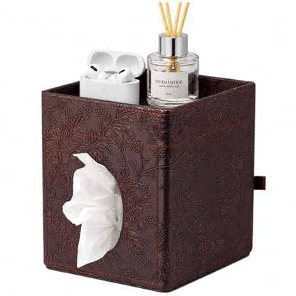 Tissue Box Cover, PU Leather Square Tissue Box Holder with Upper Storage Tray for Bathroom/Countertop/Nightstand/Office Table - Antique