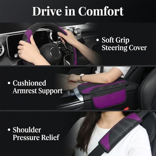 10PCS Car Interior Accessories Sets,Steering Wheel Cover, Seat Belt Cover Pads, Center Console Cover,Cup Holder Coasters,Air Vent Decorative Clip(Purple) - color: Purple