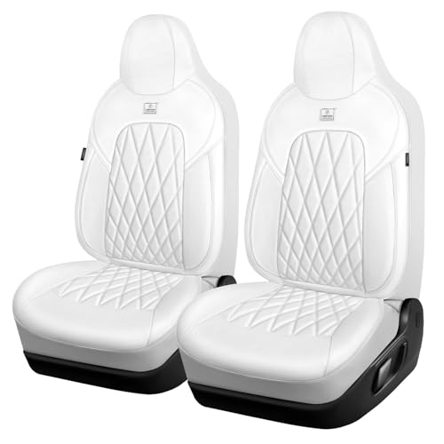 CAR PASS Nappa Leather High Back Front Seat Covers, Tesla Model 3 Model Y Breathable Faux Leather Front Bucket Seat Covers, Anti-Slip Airbag Compatible Universal Fit for Sedan SUV Van Truck, White - color: White High Back, size: Two Front