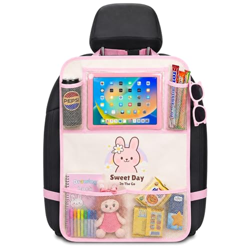 Backseat Car Organizer for Kids, Car Seat Organizer with 11” Touch Screen Tablet Holder, Rear Seat Storage Bag with Drink Pockets, Anti-Kick Seat Back Protector for Travel (Pink Rabbit)
