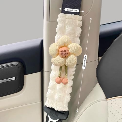 2 Pack Car Seat Belt Cover Pads, Soft Seat Belt Shoulder Pad with Petals, Cute Floral Car Seatbelt Covers Protector for Women Girls, Universal Fit for Cars (Light Yellow)