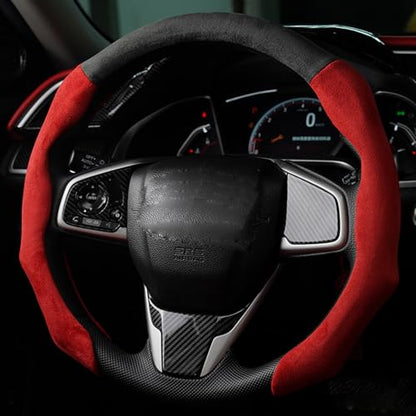 Quick Install Sporty Suede Steering Wheel Cover with Red Grips Universal fit Any 14 ½ to 15 inches Car SUV Pickup Steering Wheel - color: Black+Red Sides, size: Suede