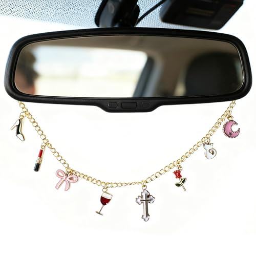 Rearview Mirror Charm for Car Gold Car Mirror Hanging Accessories with Cross Wine Rose Pink Bow Lipstick,Christian Cars Accessories for Women,Cross Auto Charm Faith Decor,Religion Gifts for Drivers - color: Red Wine Rose