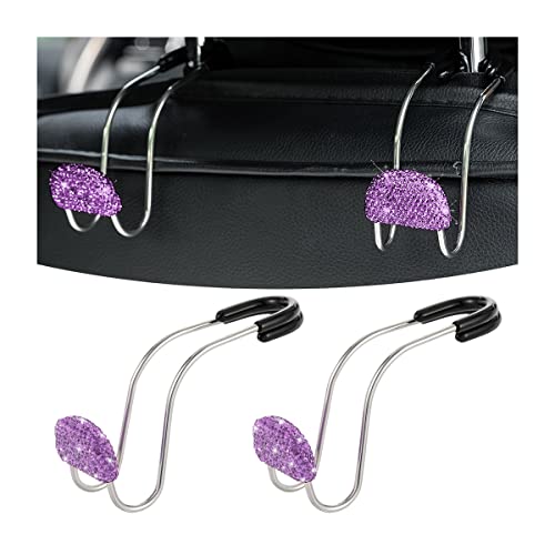 Car Headrest Hook, 2 Pack Bling Backseat Organizer Hanger for Purse Clothes Grocery Bag, Rhinestones Auto Headrest Storage Holder, Universal Car Seat Accessories for Most Vehicle (Purple) - color: Purple
