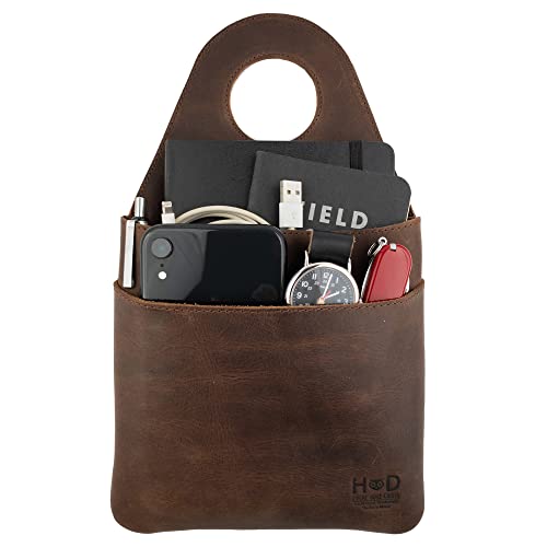 Hide & Drink, Seat Side Organizer for Gear Stick Handmade from Full Grain Leather, Portable Double Bag, Vintage Storage, Travel Accessories - Bourbon Brown
