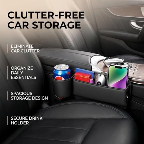 2-Pack Car Seat Gap Filler Organizer with Cup Holder - Premium Leather - Universal Fit - Keeps Cans/Phone/Keys/Wallets Organized