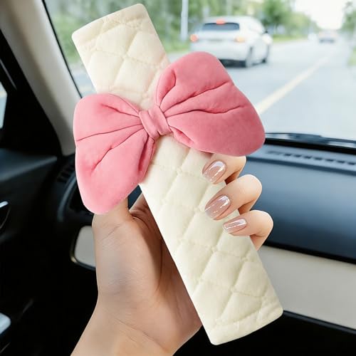 2-Pack Soft Seat Belt Covers Universal Car Shoulder Pad Cushions for Comfortable Driving & Bag Strap Protection Off-White Pink Large Bow - color: Pink Bow