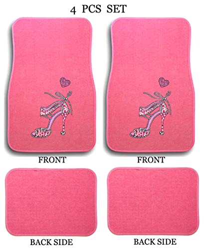 Universal Fit Front/Rear 4-Piece Full Set Crystal Bling Rhinestone Design Studded Carpet Car SUV Truck Pink Floor Mats - 4 Pcs Set (Pink Heel-Pink) - color: Pink Heel-Pink