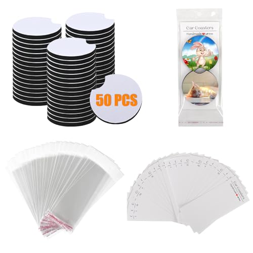 100Pcs Sublimation Car Coasters Blanks Set, 50 Pcs 2.75/0.25 in Neoprene Round Opening Sublimation Coasters, 25Pcs Self-Seal Bags & 25Pcs Car Coaster Display Cards for Sublimation DIY Funny Crafts - color: 2.75in-white-50pcs