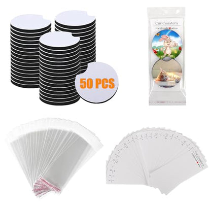 100Pcs Sublimation Car Coasters Blanks Set, 50 Pcs 2.75/0.25 in Neoprene Round Opening Sublimation Coasters, 25Pcs Self-Seal Bags & 25Pcs Car Coaster Display Cards for Sublimation DIY Funny Crafts - color: 2.75in-white-50pcs