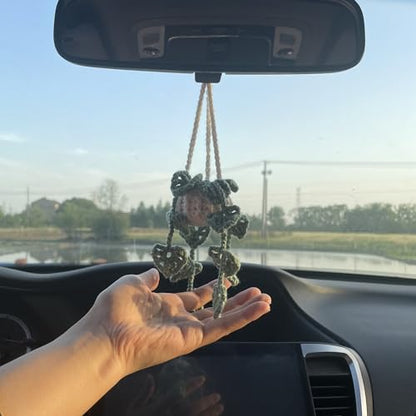 DICHA Crochet Hanging Plant - Aesthetic Car Accessory for Women - Rear View Mirror Leaf