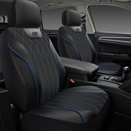 Skechers Seat Covers Memory Foam-Piping Leather Car Seat Covers,Ultimate Comfort & Support Front Seat Covers Airbag Compatible, Automotive Universal Fit Most for SUVs, Vans, Sedans, Cars, Trucks.Blue - color: Blue