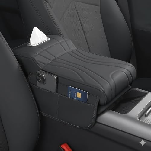 Car Center Console Cover with Tissue Box Holder, Foam Armrest Cover for Car with Side Storage Pockets, Multifunctional Waterproof PVC Leather Car Armrest Cushion Pad, Universal Fit, Black - color: Black-2