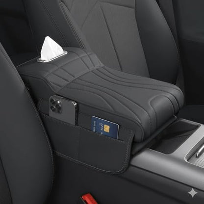 Car Center Console Cover with Tissue Box Holder, Foam Armrest Cover for Car with Side Storage Pockets, Multifunctional Waterproof PVC Leather Car Armrest Cushion Pad, Universal Fit, Black - color: Black-2