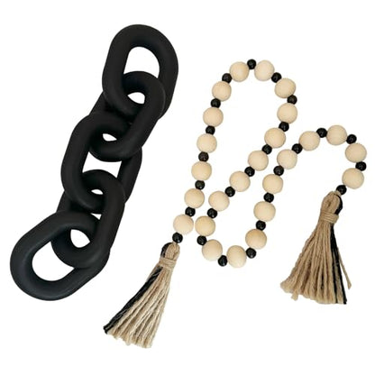 2 Pieces Decorative 5 Link Wooden Chain Decor and Bead Boho Farmhouse Rustic Home Table Decor Coffee Table Shelf Aesthetic Modern Bookshelf Table Wooden Decortion (Black)
