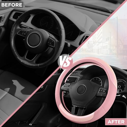 Road Comforts Steering Wheel Cover – Breathable Leather Steering Wheel Cover, Anti-Slip Grip, Universal Fit 14.5” to 15”, Heat & Cold Resistant for Cars, SUVs, and Trucks – Shining Pink & Pink - color: Pink&Pink