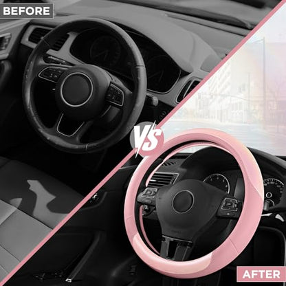 Road Comforts Steering Wheel Cover – Breathable Leather Steering Wheel Cover, Anti-Slip Grip, Universal Fit 14.5” to 15”, Heat & Cold Resistant for Cars, SUVs, and Trucks – Shining Pink & Pink - color: Pink&Pink