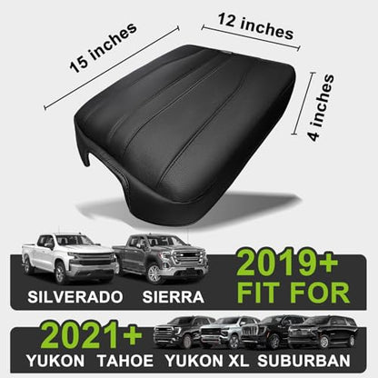 Center Console Armrest Cover Fit for Chevy Silverado GMC Sierra 2019-2026, GMC Yukon & Chevy Tahoe & Suburban 2021-2026 Accessories, Armrest Pad Console Lid Cushion Vegan Leather Regular Thick - size: 16) 25+ |Yukon&Tahoe&Suburban| Black, Regular