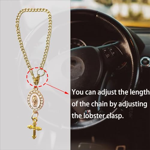 Steering Wheel Rosary Charm Accessory, Catholic Rosary Hanging Pendant, Cross for Car, Steering Wheel Accessory with Virgin Mary Charm and Crucifix, Christian Gifts (Gold) - color: A