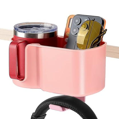 KEMIMOTO Desk Cup Holder with Headphone Hanger, 2 in 1 Caddy Organizer for Office Table, Lawn Chair, Golf Cart, Pontoon Boat, Fit for Most 18-32 oz Bottles - color: Pink