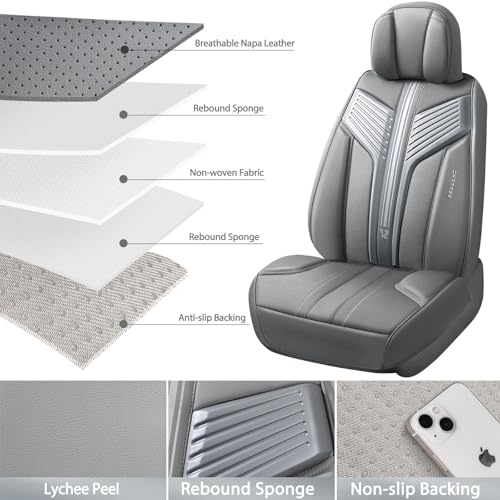 CAR PASS Nappa Leather Seat Covers, Breathable Waterproof Car Seat Covers Full Set, Luxury Leather Front and Back Seats Full Coverage, Universal Fit SUV Pick-up Truck Sedan Automotive(Gray) - color: Gray, size: Full Set Full Coverage