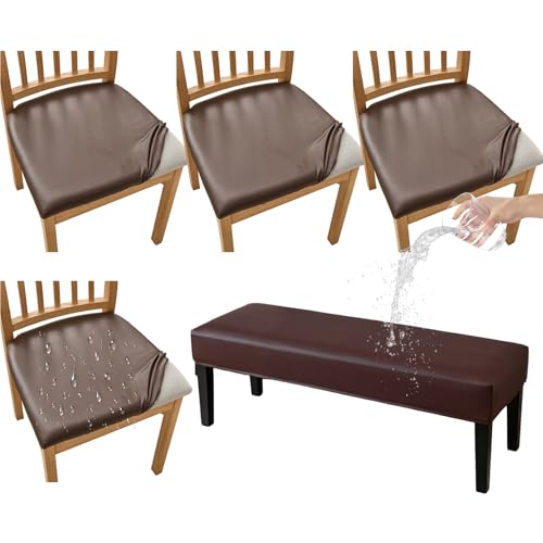 KRFOONN Waterproof Seat Covers for Dining Room Chairs Set of 4 with Bench Cover Washable Dining Chair Covers Removable Kitchen Chair Cushion Slipcovers Protector for Dining Room, PU-Coffee - color: Color A6